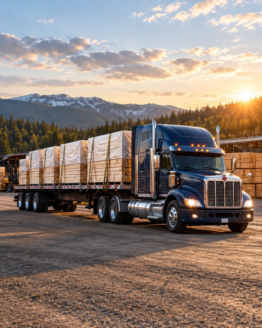 Flatbed trailer carrying lumber bundles